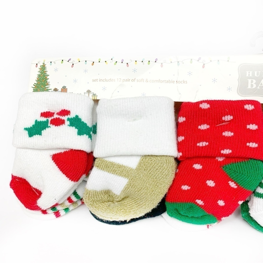 Festive Holiday Themed 0-6 Month Girls 12 Pack Baby Socks - Picture 4 of 10